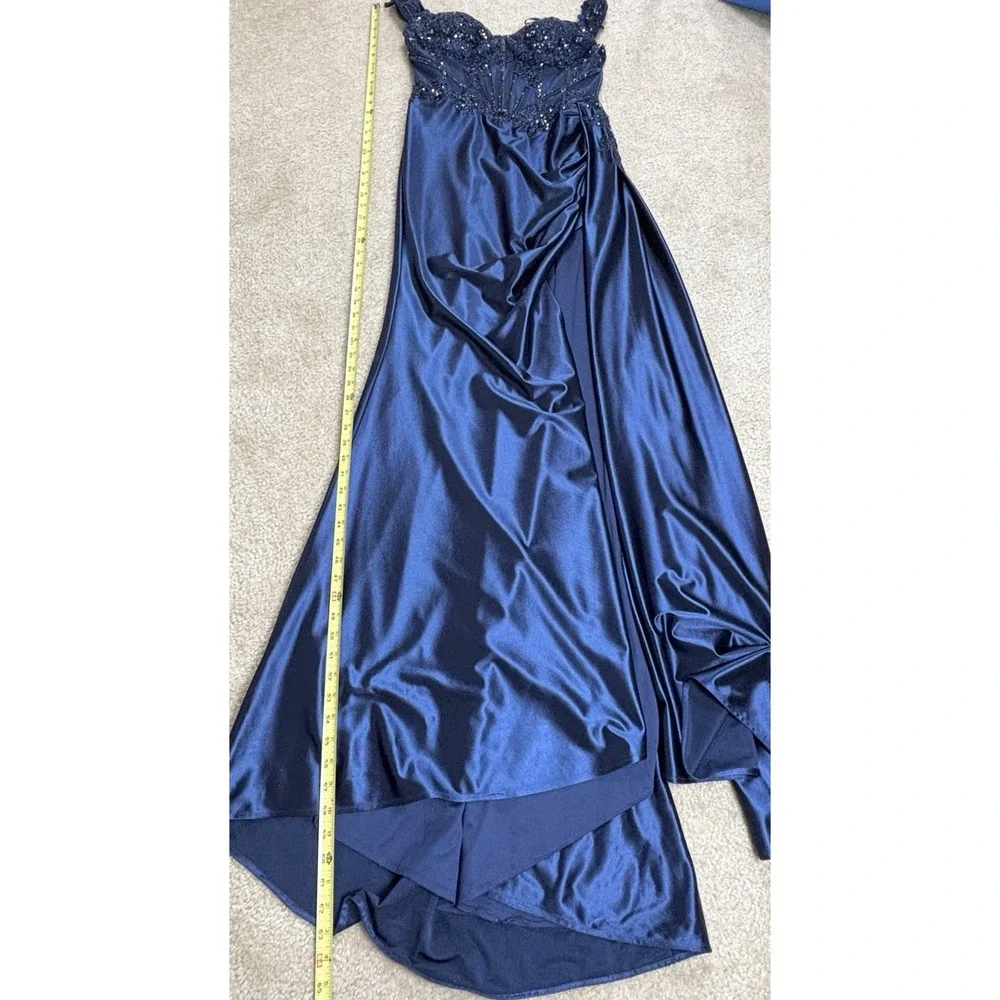 Stacey's Navy Satin Blue Beaded Off The Shoulder Prom Dress W/ Dramatic Slit Med